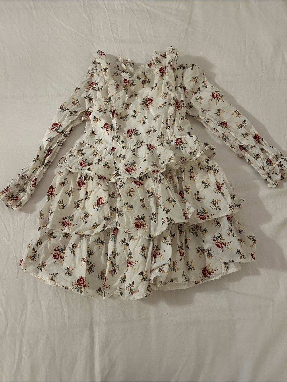Janie and Jack Cream Floral Ruffle Tiered Dress with Red Rose Print